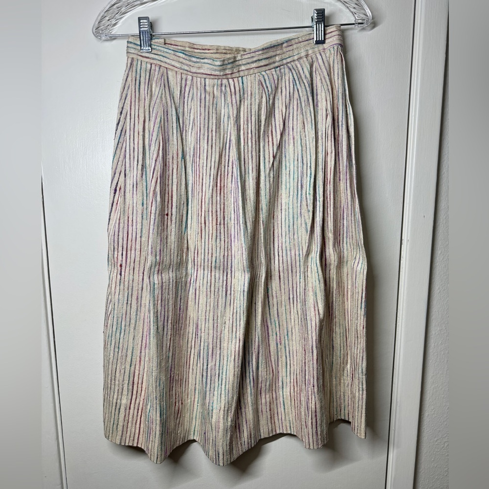 Vintage 100% Silk Cynthia Helene Textured Midi Cream Purple A Line Skirt Size 6